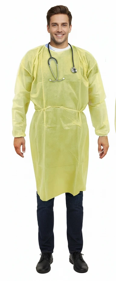 Disposable Isolation Gowns Yellow, Polypropylene Medical Gowns with Knitted Cuffs